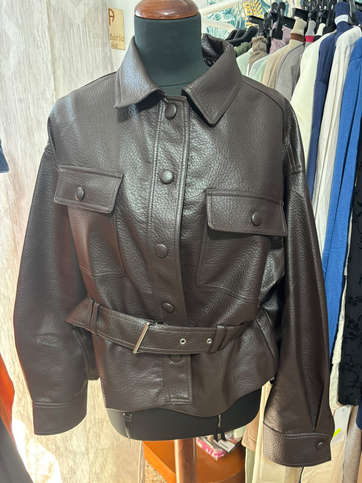 Giacca Biker in Similpelle Marrone Scuro